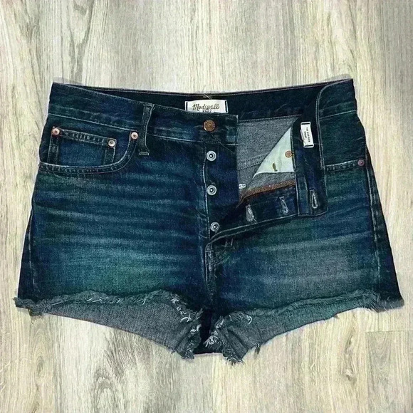 Madewell The Dad Jean Shorts Cutoff Dark Wash Denim High Rise Button Fly Size 27 - Picture 2 of 10